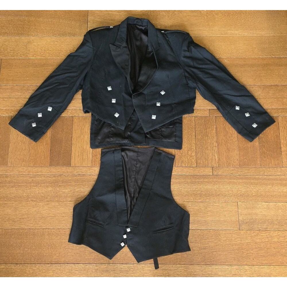 Men Scottish Prince Charlie Kilt Traditional Jacket Waistcoat Vest Bagpipes